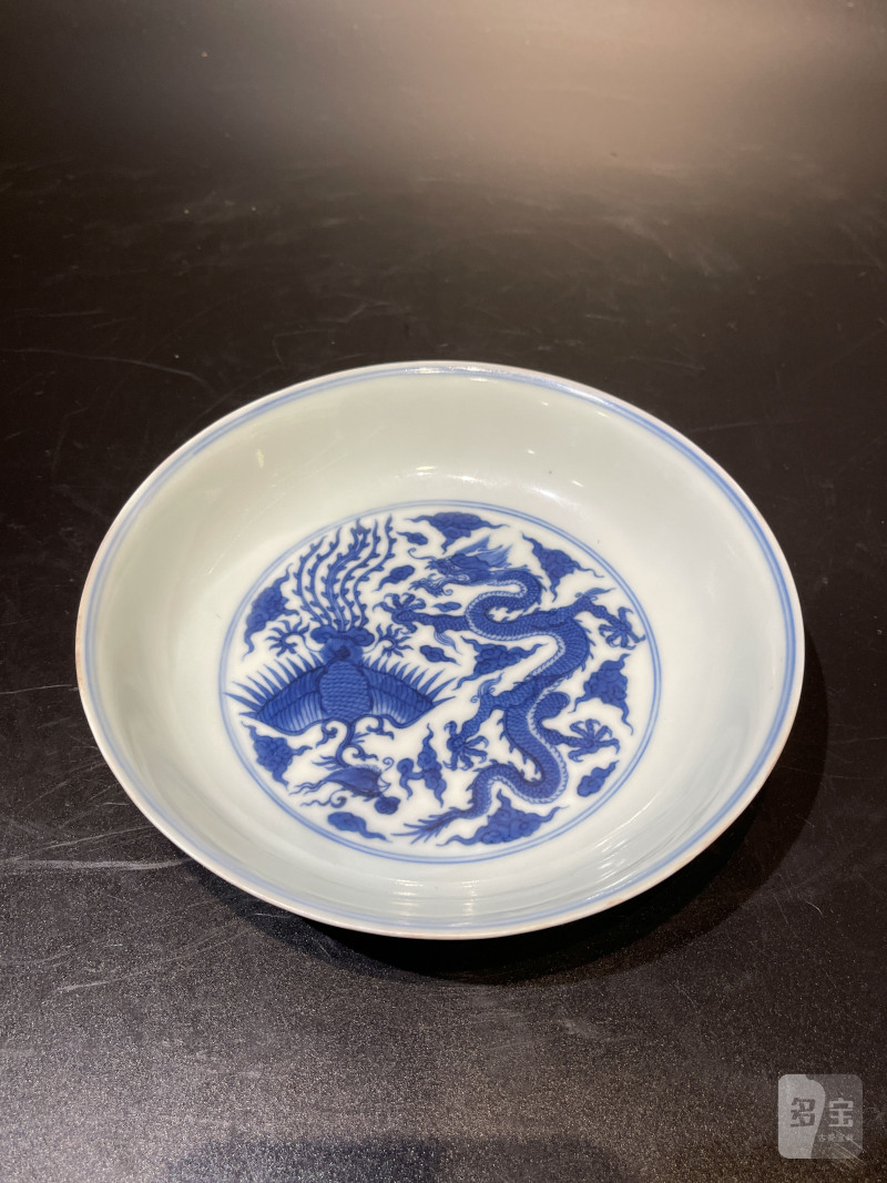 清康熙 青花龙凤纹盘 - 图2